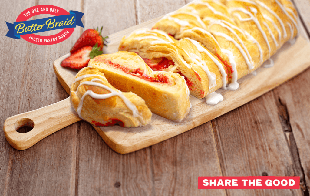 Strawberry Cream Cheese Butter Braid Pastry on cutting board with BBP logo and Share the Good tagline logo